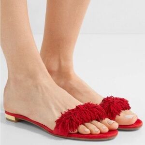 Aquazzura Firenze Lipstick Red Wild Thing Suede Fringe Trimmed Flat Sandals
